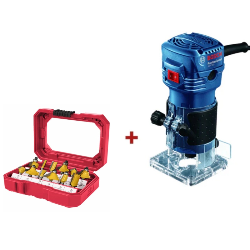 Bosch Professional | Palm Router GKF 550 + Tork Craft | Router Bit Set 1/4″ Shank Hard Case 12Pc Combo Deal