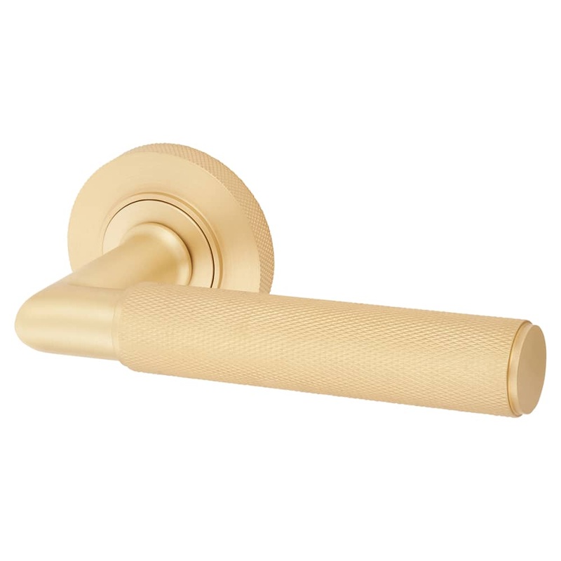 Burlington BUR40 by Frelan Piccadilly Door Handle on Knurled Rose – Satin Brass