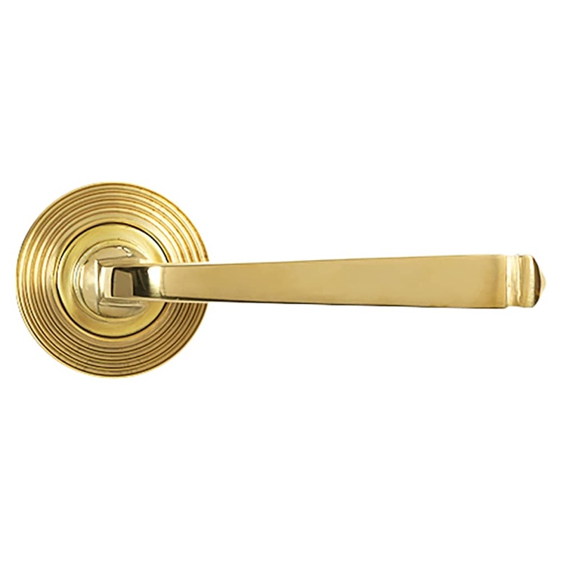 From The Anvil Avon Door Handle on Reeded Beehive Rose – Polished Brass