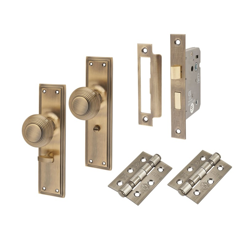 Hampstead Miller Reeded Bathroom Mortice Door Knob on Backplate Kit – 205 x 52mm – Antique Brass