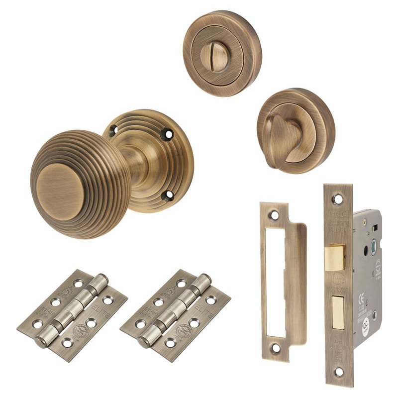 Touchpoint Reeded Beehive Bathroom Lock Mortice Door Knob Kit – 60mm Rose Diameter – Antique Brass