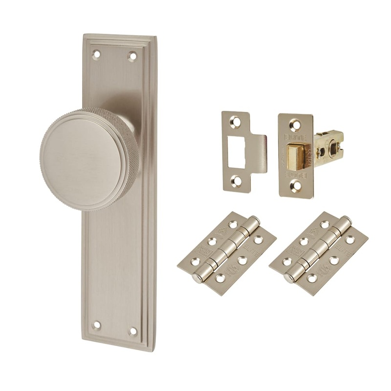 Hampstead Miller Knurled Mortice Door Knob on Backplate Kit – 205 x 52mm – Satin Nickel