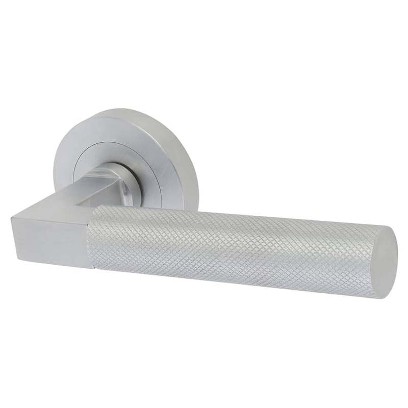 Hampstead Solid Brass Knurled Door Handle on Rose – Satin Chrome