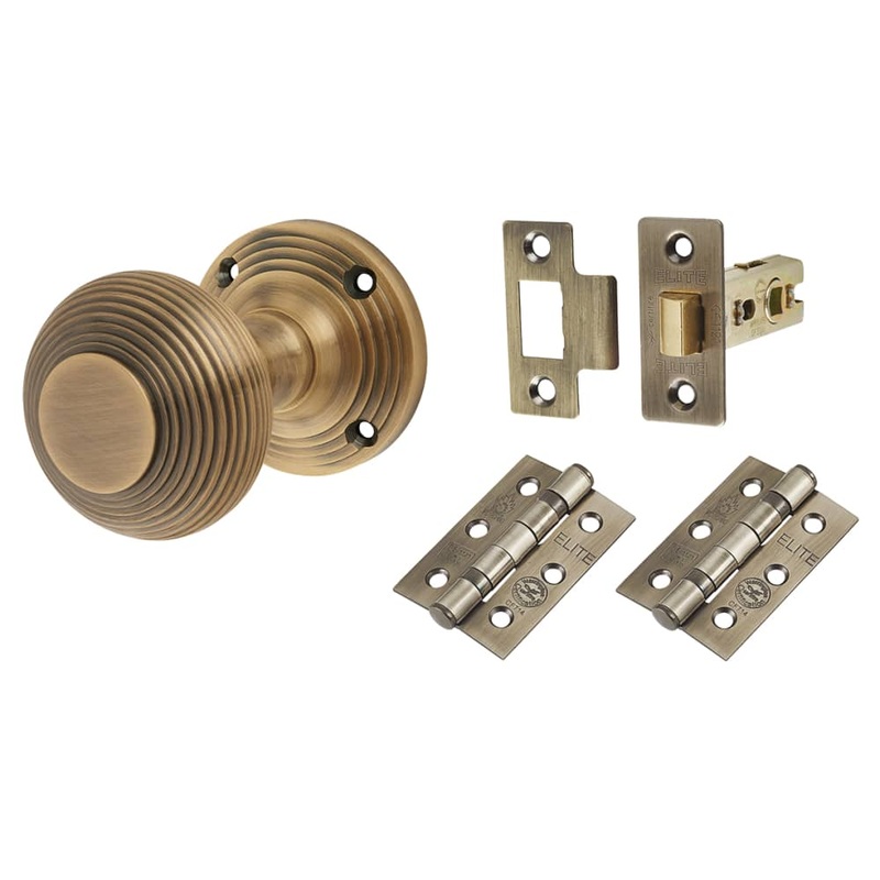 Touchpoint Reeded Beehive Mortice Door Knob Kit – 60mm Rose Diameter – Antique Brass
