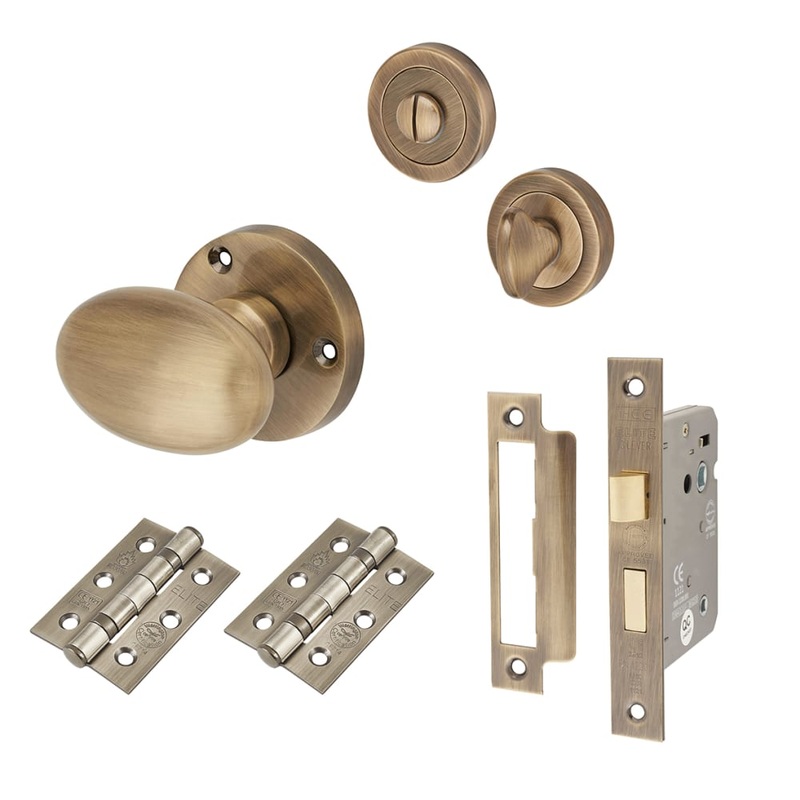 Touchpoint Victorian Oval Bathroom Lock Mortice Door Knob Kit – 61mm Rose Diameter – Antique Brass