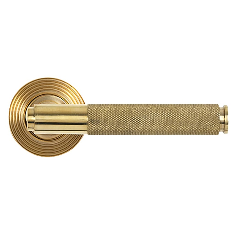 From The Anvil Brompton Knurled Door Handle on Reeded Beehive Rose – Polished Brass