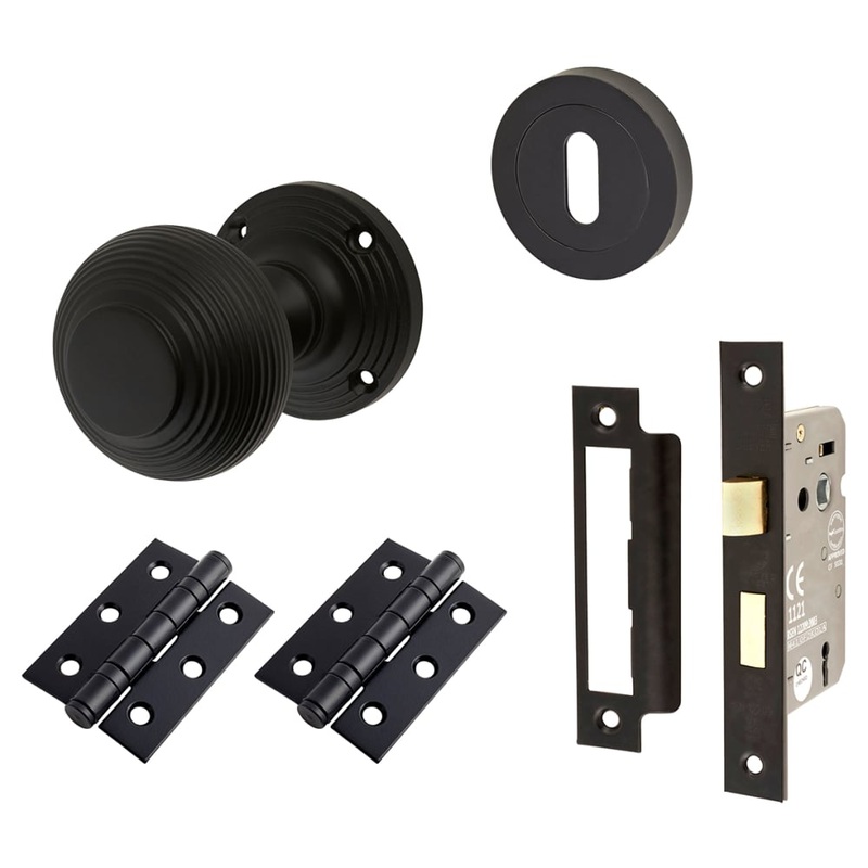 Touchpoint Reeded Beehive 3 Lever Sashlock Mortice Door Knob Kit – 60mm Rose Diameter – Matt Black