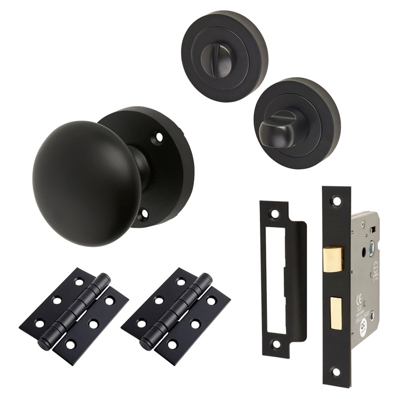 Touchpoint Round Bathroom Lock Mortice Door Knob Kit – 60mm Rose Diameter – Matt Black