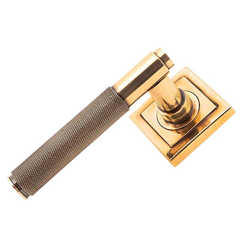 From The Anvil Brompton Knurled Door Handle on Square Rose – Polished Bronze