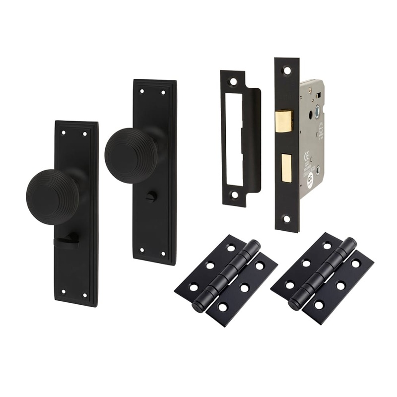 Hampstead Miller Reeded Bathroom Lock Mortice Door Knob on Backplate Kit – 205 x 52mm – Matt Black