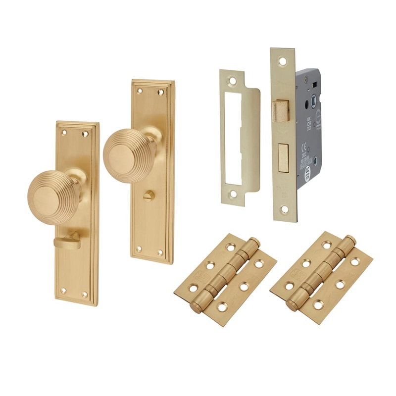 Hampstead Miller Reeded Bathroom Lock Mortice Door Knob on Backplate Kit – 205 x 52mm – Satin Brass