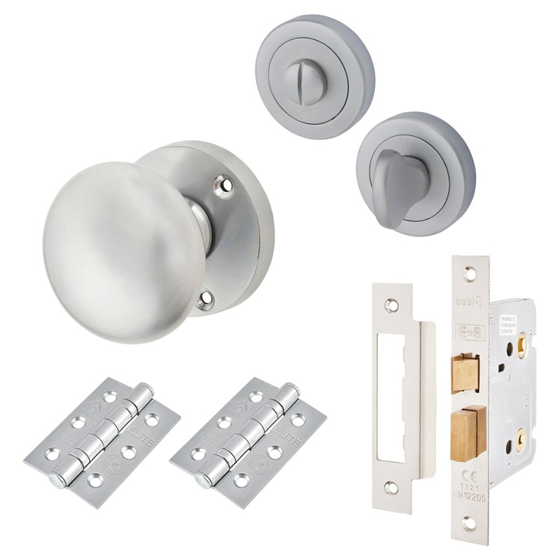 Touchpoint Round Bathroom Lock Mortice Door Knob Kit – 60mm Rose Diameter – Satin Chrome