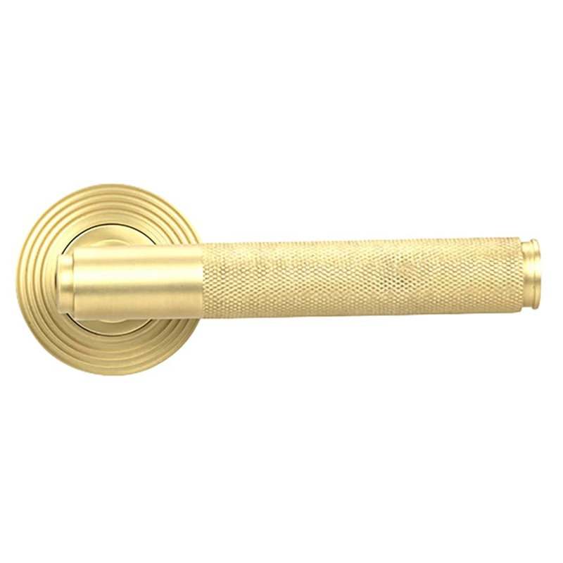 From The Anvil Brompton Knurled Door Handle on Reeded Beehive Rose – Satin Brass