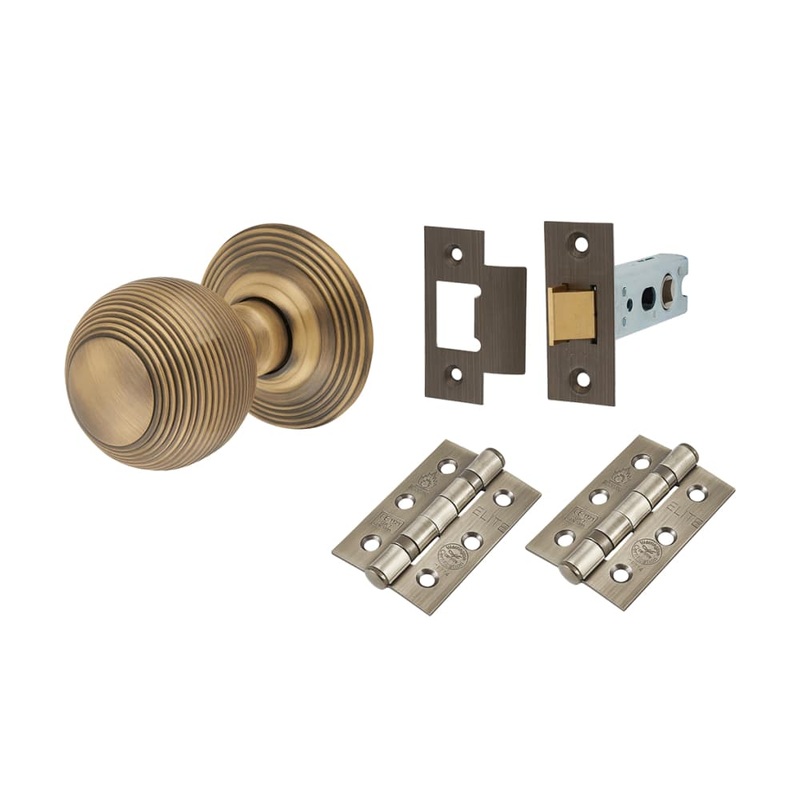 Hampstead Reeded Beehive Mortice Door Knob Kit – 60mm Rose Diameter – Antique Brass