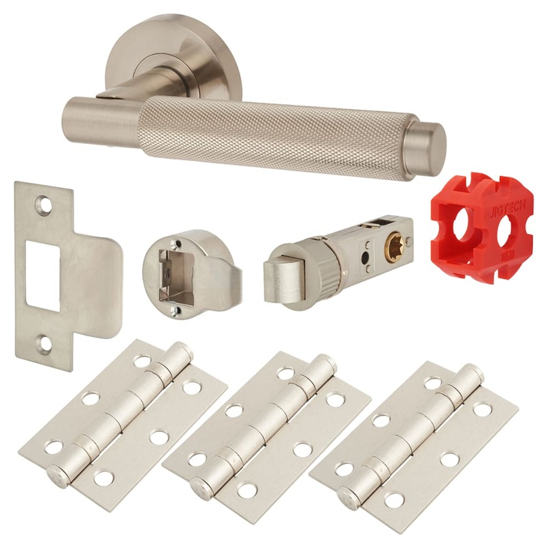Jigtech Textura Latch Door Handle on Rose Kit – Passage – Satin Nickel