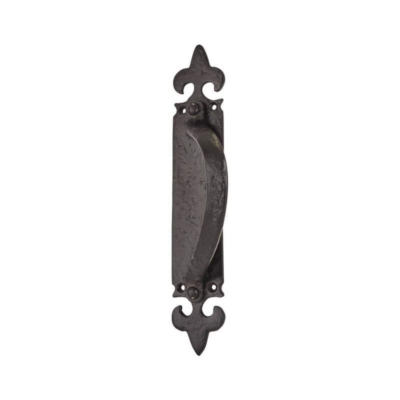 Olde Forge Fleur de Lys Offset Door Pull Handle on Plate – Screw Fix – 260 x 45mm – RH – Black Iron