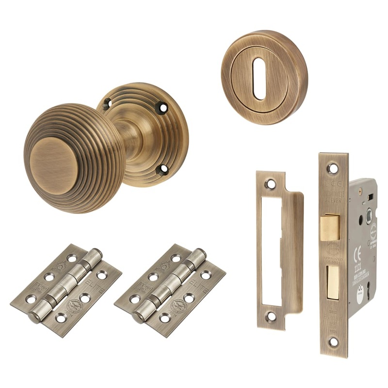 Touchpoint Reeded Beehive 3 Lever Sashlock Mortice Door Knob Kit – 60mm Rose – Antique Brass