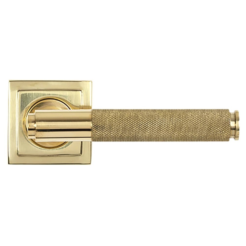 From The Anvil Brompton Knurled Door Handle on Square Rose – Polished Brass