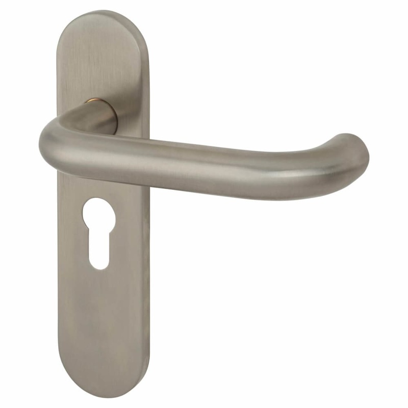 Altro 19mm Return to Door Lock Door Handle – Radius Plate – Euro – 47.5mm c/c – Satin Stainless