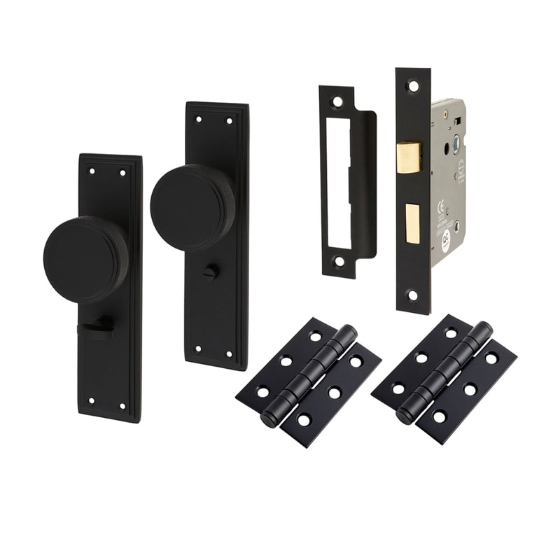 Hampstead Miller Knurled Bathroom Lock Mortice Door Knob on Backplate Kit – 205 x 52mm – Matt Black