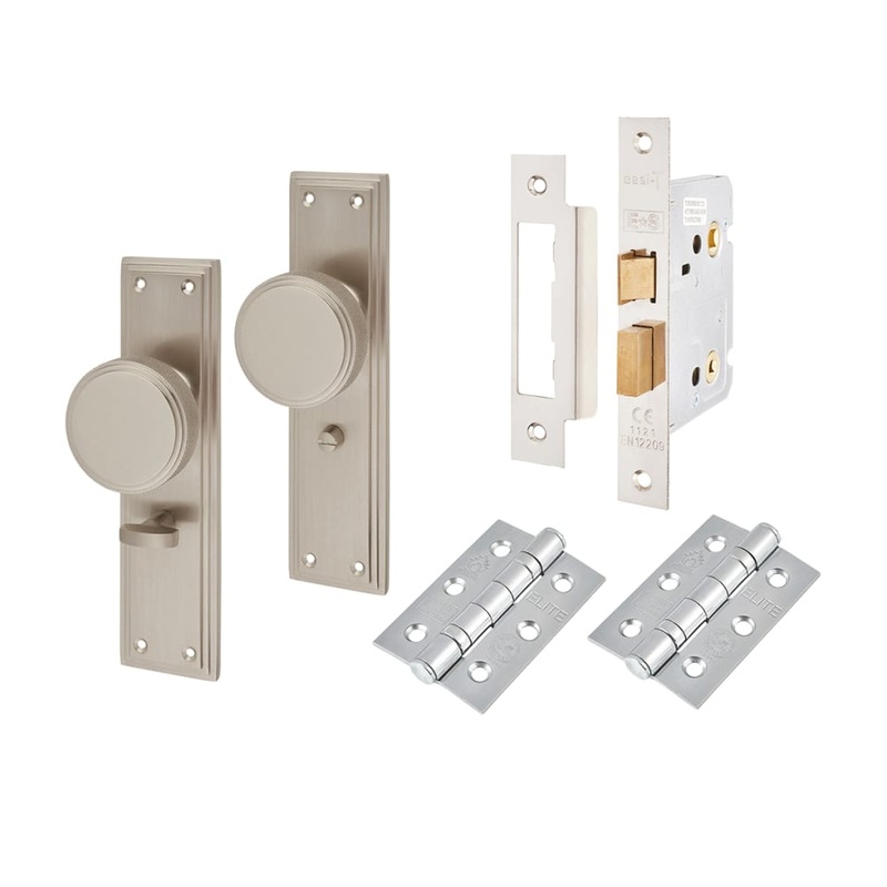 Hampstead Miller Knurled Bathroom Mortice Door Knob on Backplate Kit – 205 x 52mm – Satin Nickel