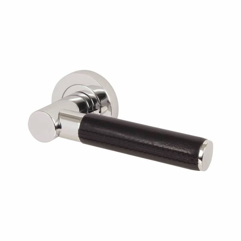 Reguitti Ascot Door Handle on Rose – Black Leather/Polished Chrome