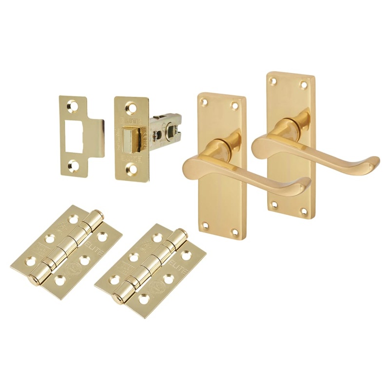 Touchpoint Victorian Scroll Latch Door Handle Kit – Short Plate – Polished Brass