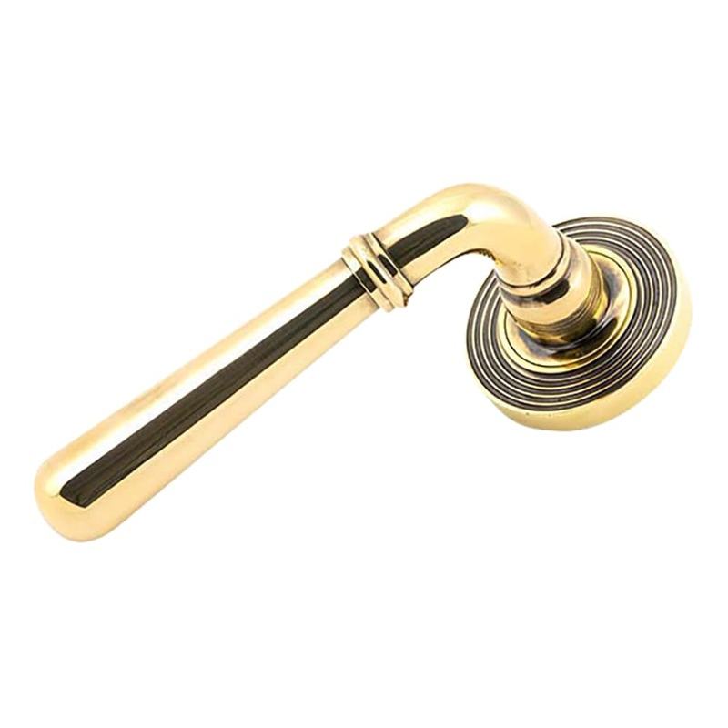 From The Anvil Newbury Door Handle on Reeded Beehive Rose – Aged Brass