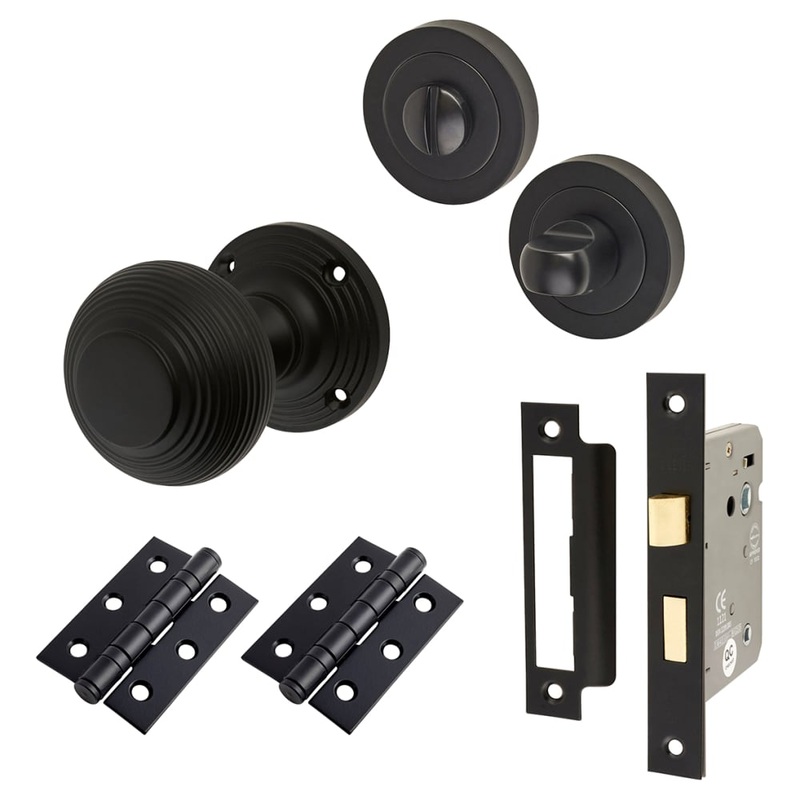Touchpoint Reeded Beehive Bathroom Lock Mortice Door Knob Kit – 60mm Rose Diameter – Matt Black