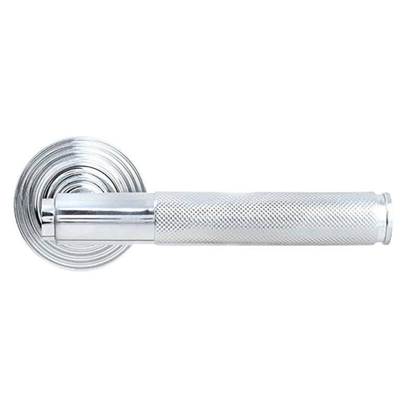 From The Anvil Brompton Knurled Door Handle on Reeded Beehive Rose – Polished Chrome
