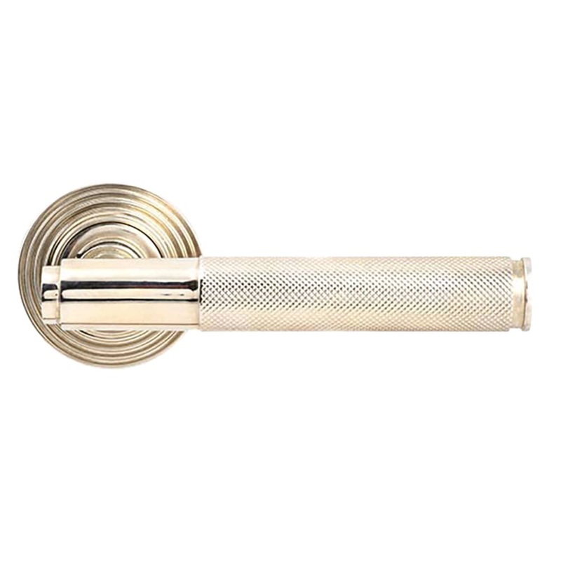 From The Anvil Brompton Knurled Door Handle on Reeded Beehive Rose – Polished Nickel