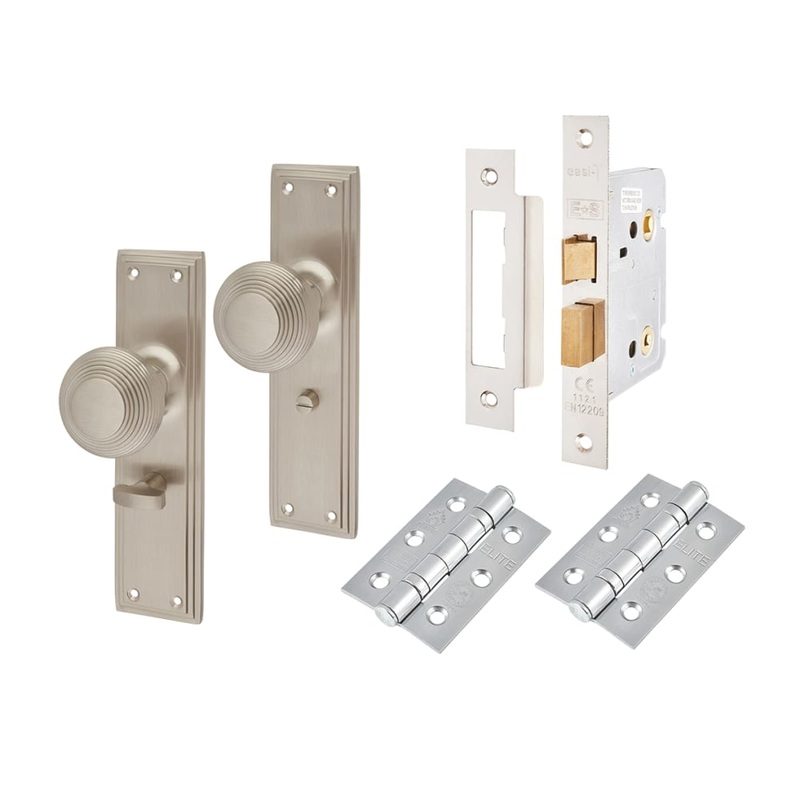 Hampstead Miller Reeded Bathroom Mortice Door Knob on Backplate Kit – 205 x 52mm – Satin Nickel