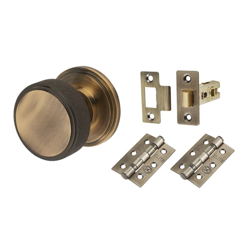 Hampstead Riley Knurled Mortice Door Knob Kit  – 62mm Rose Diameter – Antique Brass