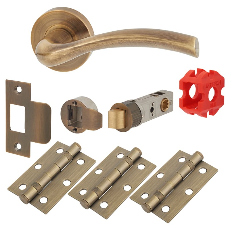 Jigtech Solar Latch Door Handle on Rose Kit – Passage – Antique Brass