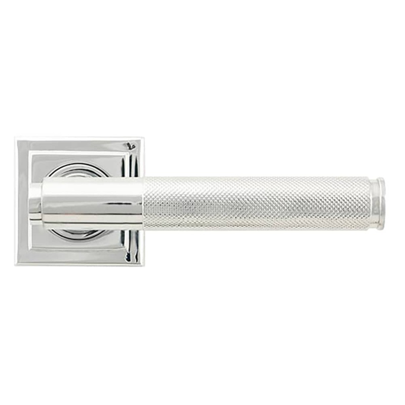 From The Anvil Brompton Knurled Door Handle on Square Rose – Polished Chrome