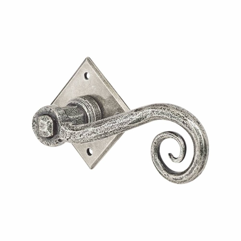 Olde Forge Monkey Tail Door Handle on Square Rose – Pewter