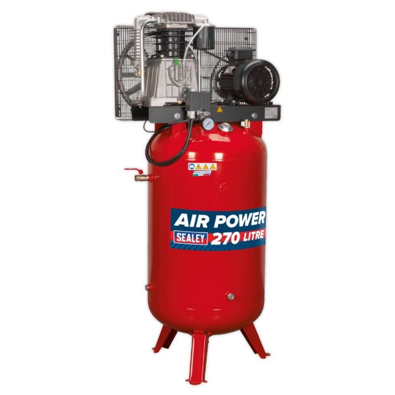 Sealey Air Compressor 270L Vertical Belt Drive 7.5hp 3ph 2-Stage, Cast Cylinders