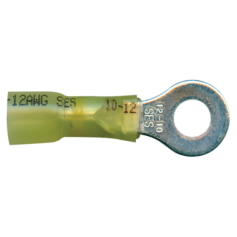 Heat Shrink & Crimp Yellow Long Neck Ring Terminal 12-10 Gauge 1/4 Stud – 10 or 100 Pack