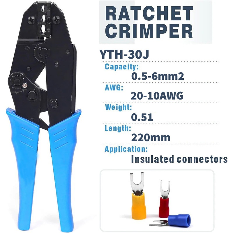 YTH YTH-30J Insulated Wire Terminals Connectors Ratcheting Crimper 20-10AWG(0.5-6mm)